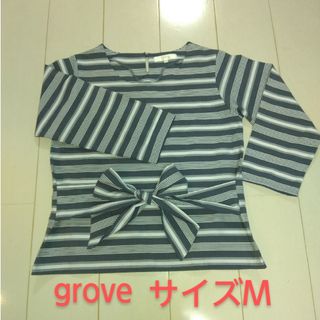 グローブ(grove)のgrove ボーダー　カットソー　サイズM　リボン　グレー(カットソー(長袖/七分))