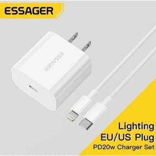 ESSAGER 20ワット充電器 Lightningケーブル iphone(バッテリー/充電器)