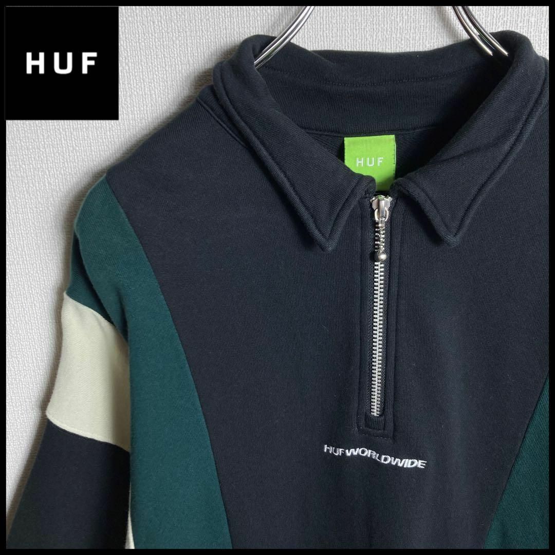 HUF ハフ スウェット XL ハーフジップ 刺繍ロゴ センターロゴ