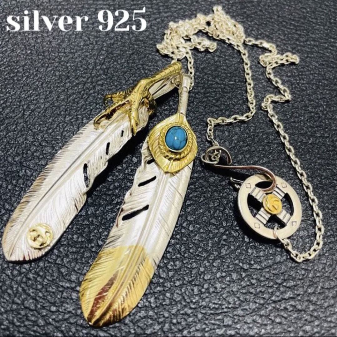 silver925 金縄 先金ターコイズフェザー 金爪フェザー ネックレス