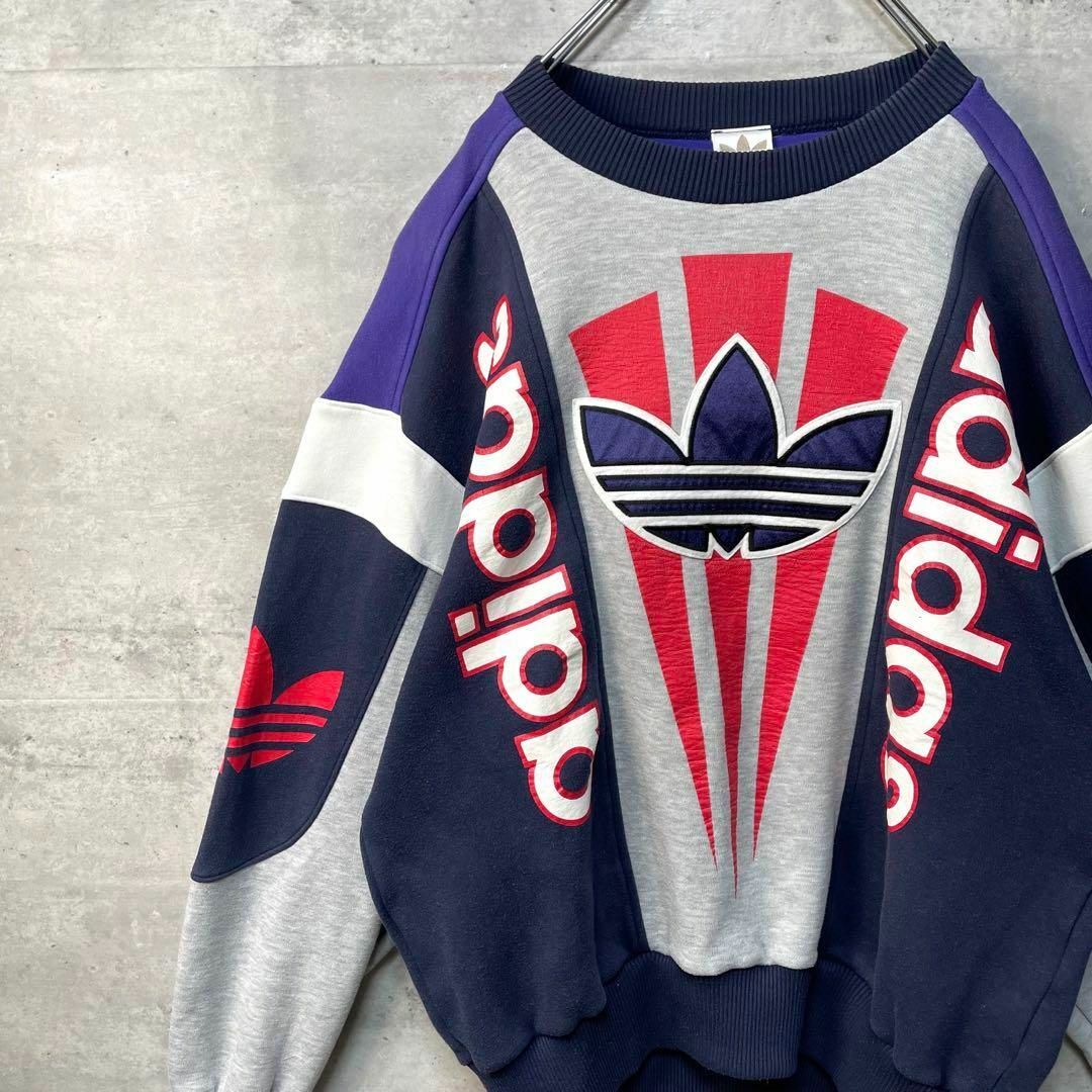 80-90s デサント製 adidas スウェット センターデカロゴ 刺繍-