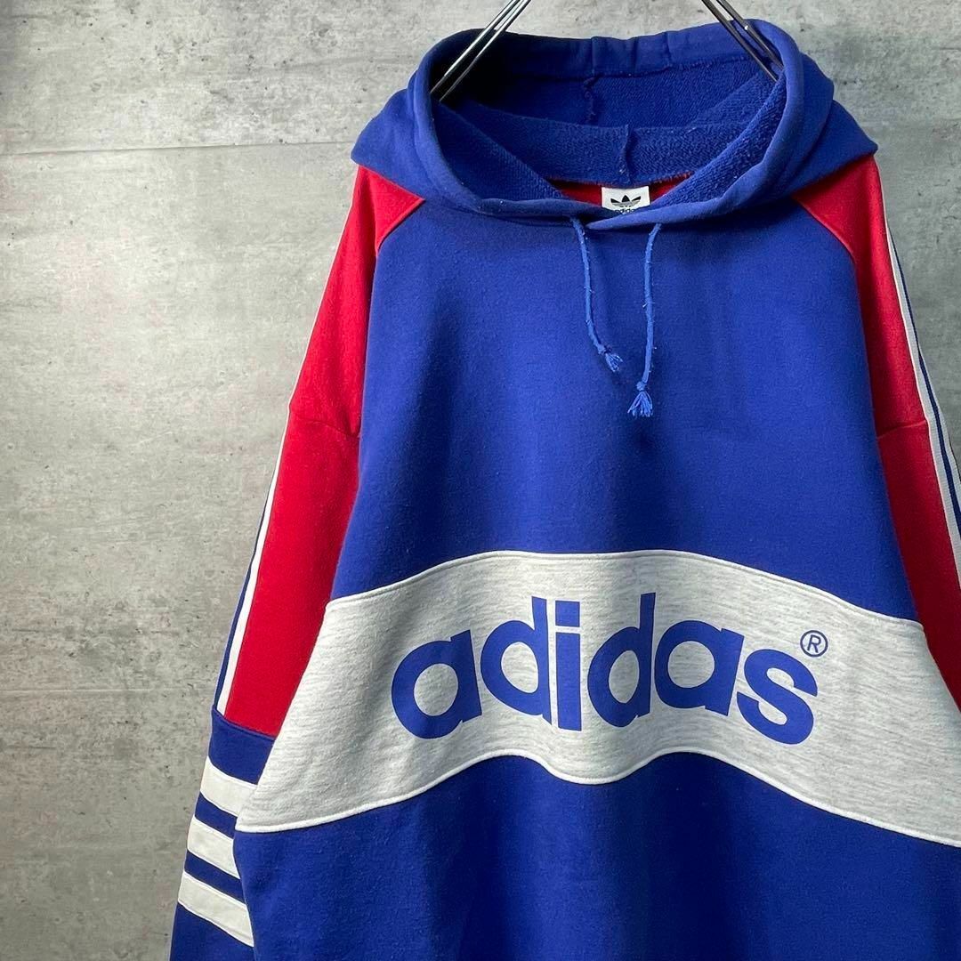 80s デサント製 adidas プルオーバーパーカー トリコロールカラー73身幅