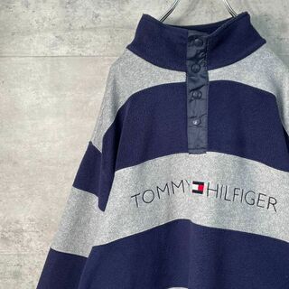 トミーヒルフィガー(TOMMY HILFIGER)のトミーヒルフィガー ボーダーフリースジャケット ネイビー グレー ドローコード(スウェット)