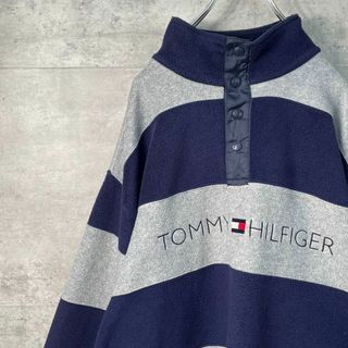 トミーヒルフィガー(TOMMY HILFIGER)のトミーヒルフィガー ボーダーフリースジャケット ネイビー グレー ドローコード(スウェット)