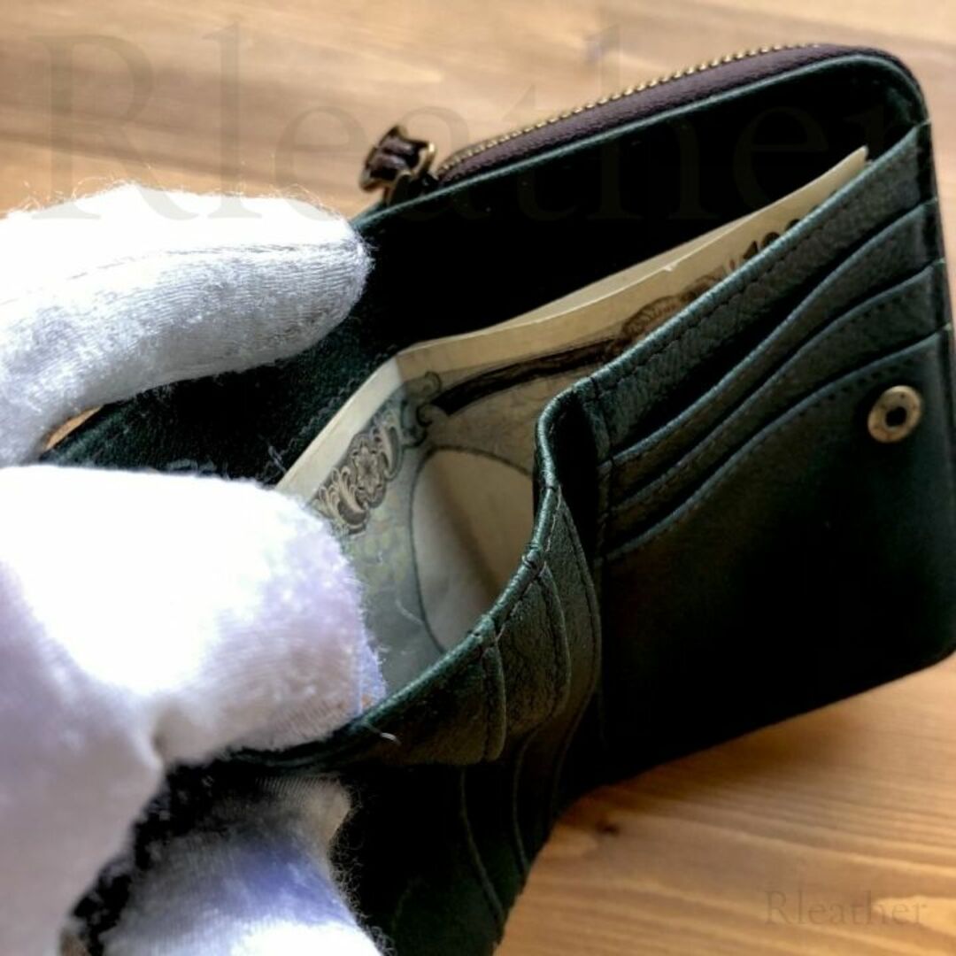 緑グリーン 二つ折り財布 コンパクト財布 レザーウォレット 牛革本革 ＃768