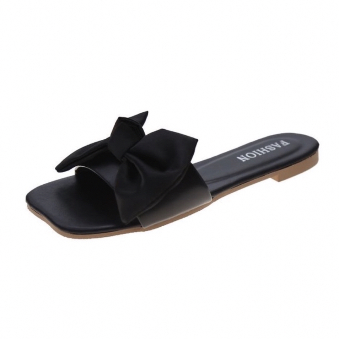 サテンリボン フラットサンダル ブラック 黒 23.5cm かわいい お洒落 レディースの靴/シューズ(サンダル)の商品写真