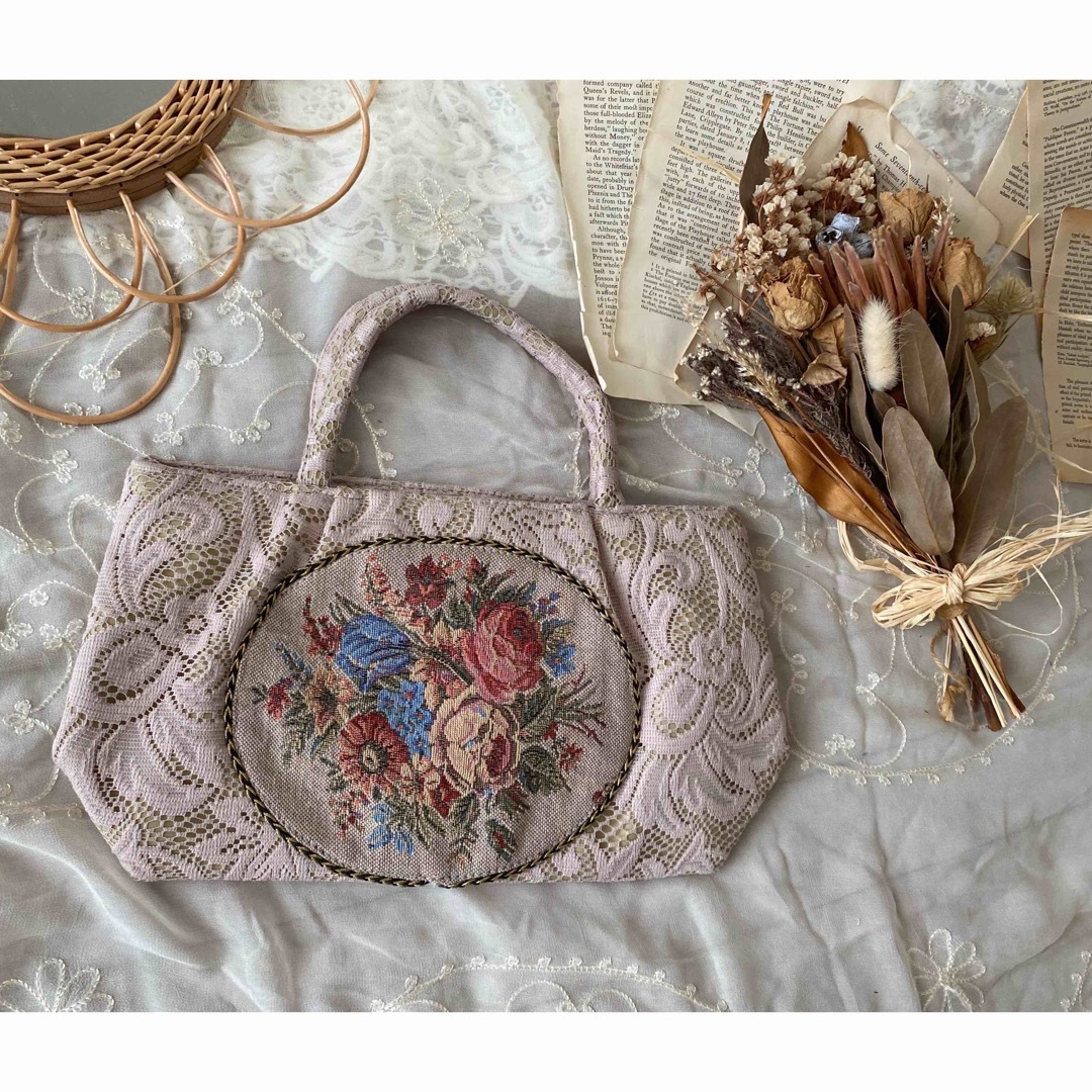 vintageヴィンテージレトロpink花柄ゴブラン刺繍レースバッグ