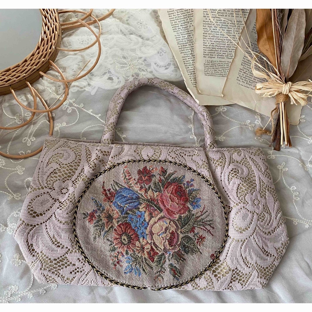 vintageヴィンテージレトロpink花柄ゴブラン刺繍レースバッグ 5