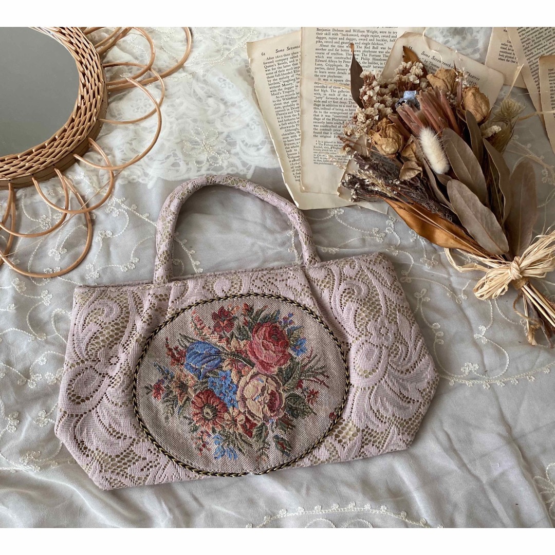 vintageヴィンテージレトロpink花柄ゴブラン刺繍レースバッグ 1