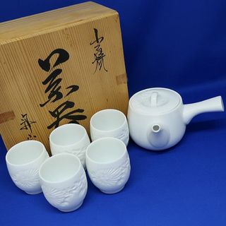 未使用 出石焼 昇山窯 白磁 『 小嶋昇山 』 茶器 急須 湯呑 共箱付 茶器揃-