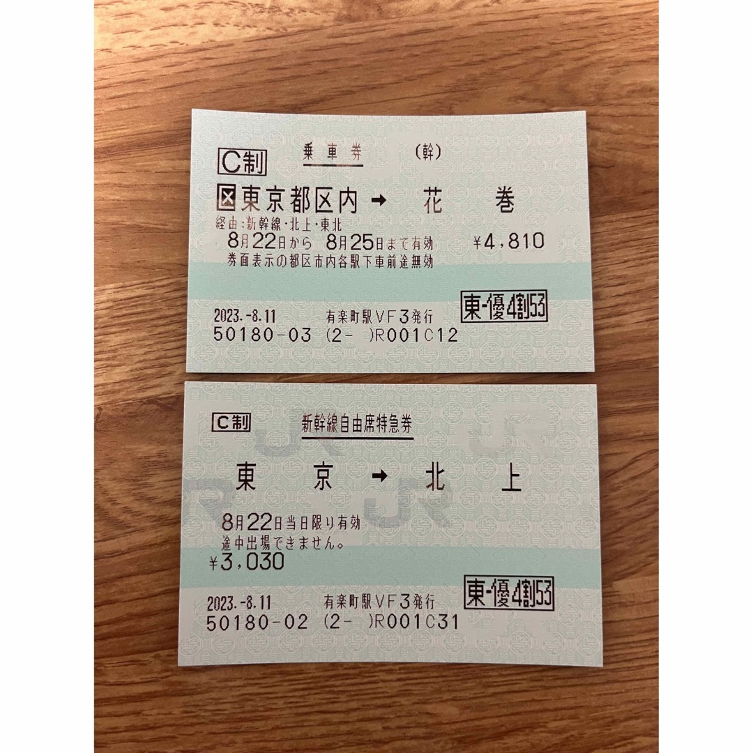 新幹線チケット(乗車券東京都区内-花巻、自由席特急券東京-北上)