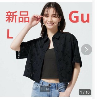 ジーユー(GU)の[新品]guコットンレースクロップドシャツLサイズブラックレディース(Tシャツ(半袖/袖なし))