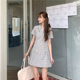 レディースワンピース　Lサイズ　ブルー　チェック　ラップ　夏服　韓国(ミニワンピース)