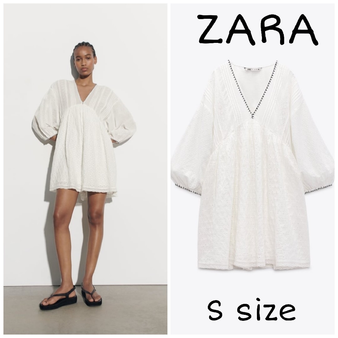 ZARA 刺繍入りショートワンピース Sサイズ ホワイト | フリマアプリ ラクマ