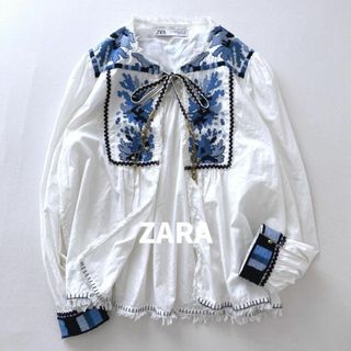 ザラ(ZARA)のザラ　エスニック刺繍ブラウス　長袖　ブルー×ホワイト　S(シャツ/ブラウス(長袖/七分))