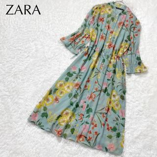 ザラ(ZARA)の【美品】ZARA BASICザラ シフォン シャツワンピース ミモレ丈 羽織り(ロングワンピース/マキシワンピース)