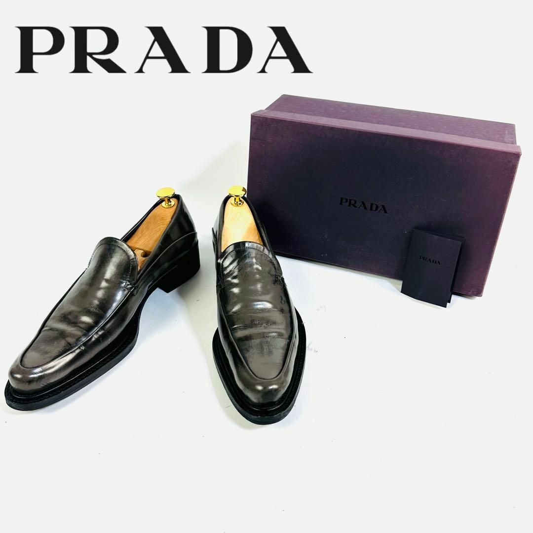 【美品】PRADA ローファー スリッポン 革靴 グレー38 1/2イタリア製