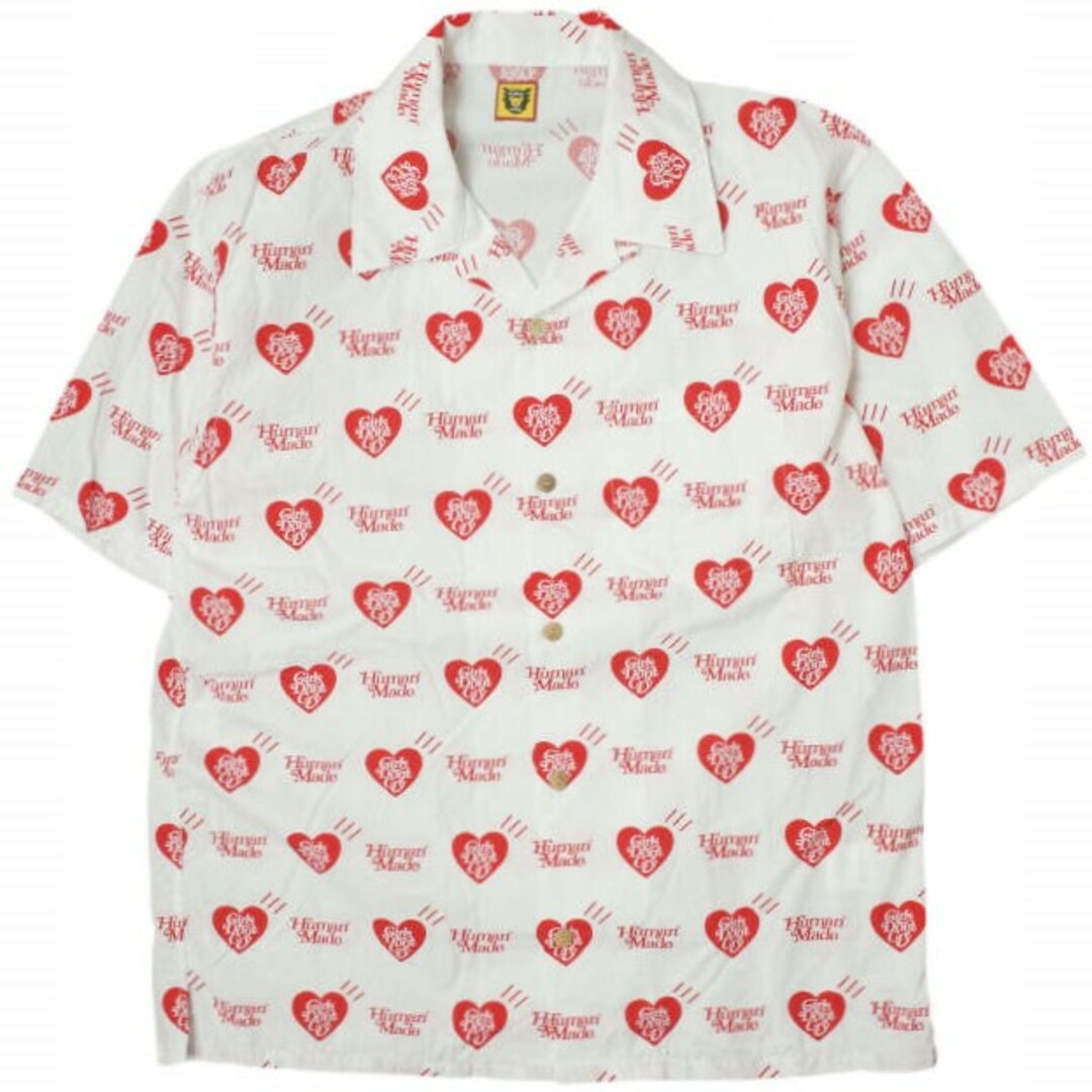 約48cm着丈HUMAN MADE x Girls Don't Cry ヒューマンメイド ガールズドントクライ 別注 日本製 ALOHA SHIRT ハートプリント アロハシャツ L ホワイト 半袖 オープンカラー トップス【HUMAN MADE × Girls Don't Cry】