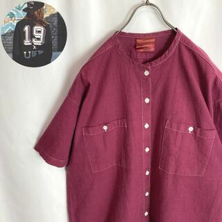 古着 ノーカラーシャツ リネン混 ダブルポケット 無地シンプル 赤紫色２XL半袖(シャツ)