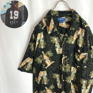 ヴィンテージ古着 総柄アロハシャツレーヨン ビール 酒瓶カジキ魚 黒 緑色2XL(シャツ)