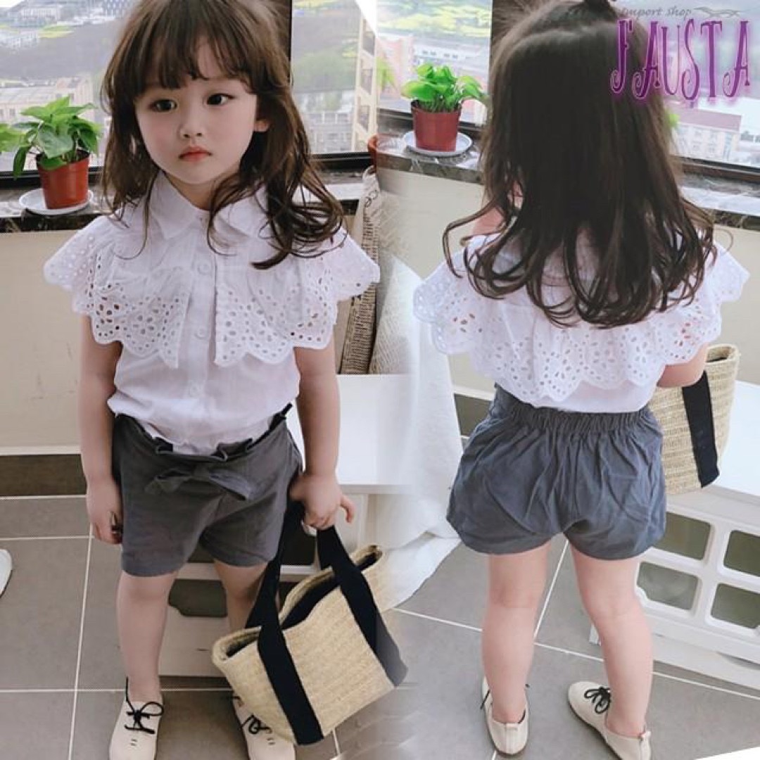 子供服 セットアップ リネン素材 女の子 レースブラウス&ショーパン キッズ/ベビー/マタニティのキッズ服女の子用(90cm~)(パジャマ)の商品写真