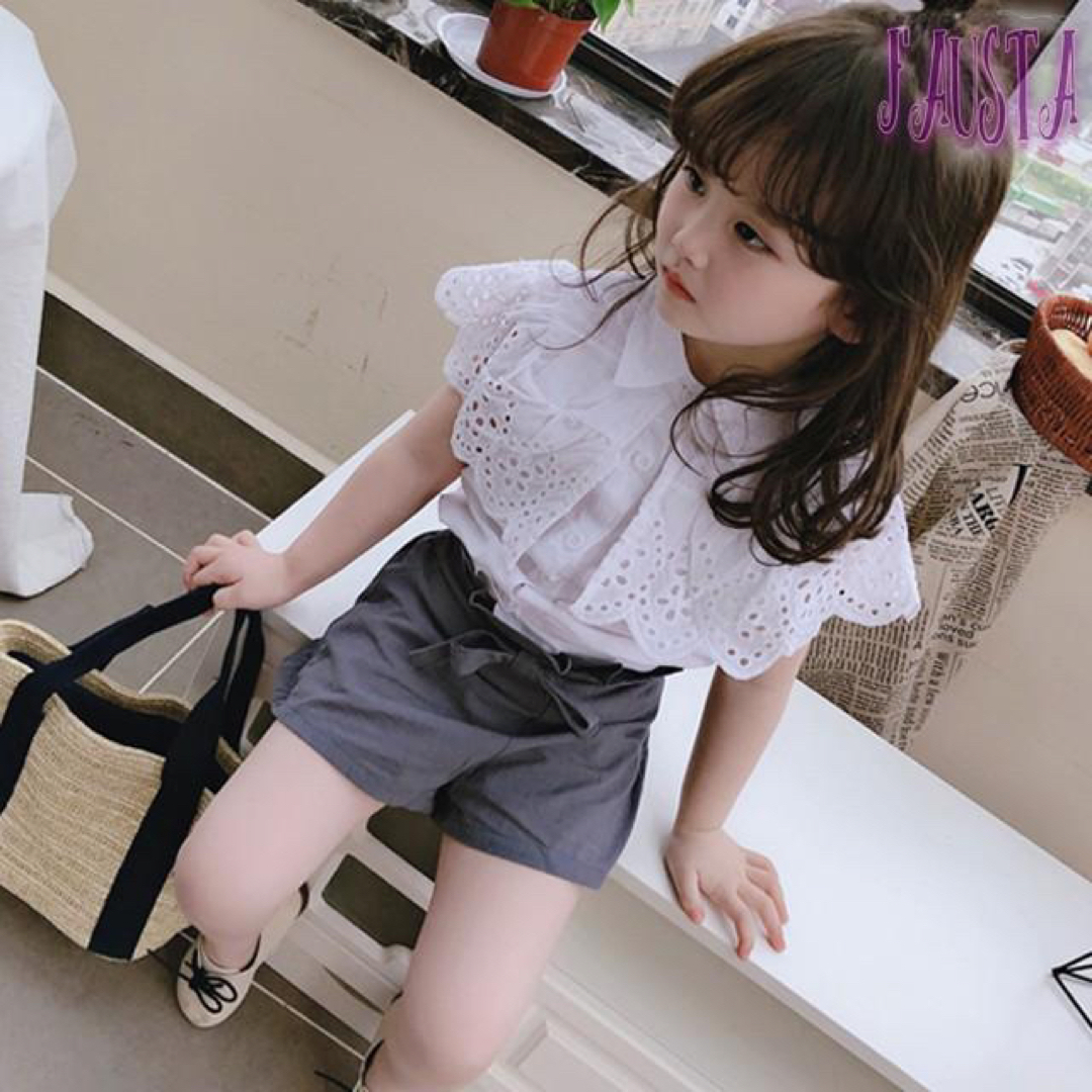 子供服 セットアップ リネン素材 女の子 レースブラウス&ショーパン キッズ/ベビー/マタニティのキッズ服女の子用(90cm~)(パジャマ)の商品写真