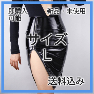 【020030L】PU皮レザー キュロットスカート　スリッドジップ　ブラック(ひざ丈スカート)