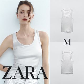 ザラ(ZARA)のZARA ザラ　リブ シルバー Ｔシャツ　M(Tシャツ(半袖/袖なし))