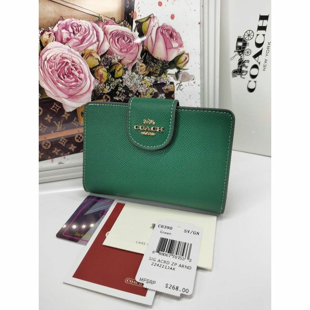 ⏹️未使用⏹️6390 COACH コーチ 折り財布 グリーン 無地 2