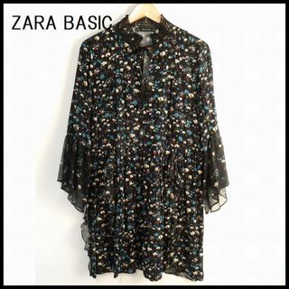 ボタニカル柄【ザラ】ZARA オシャレ刺繍アジアン総柄ワンピース XS 青×緑