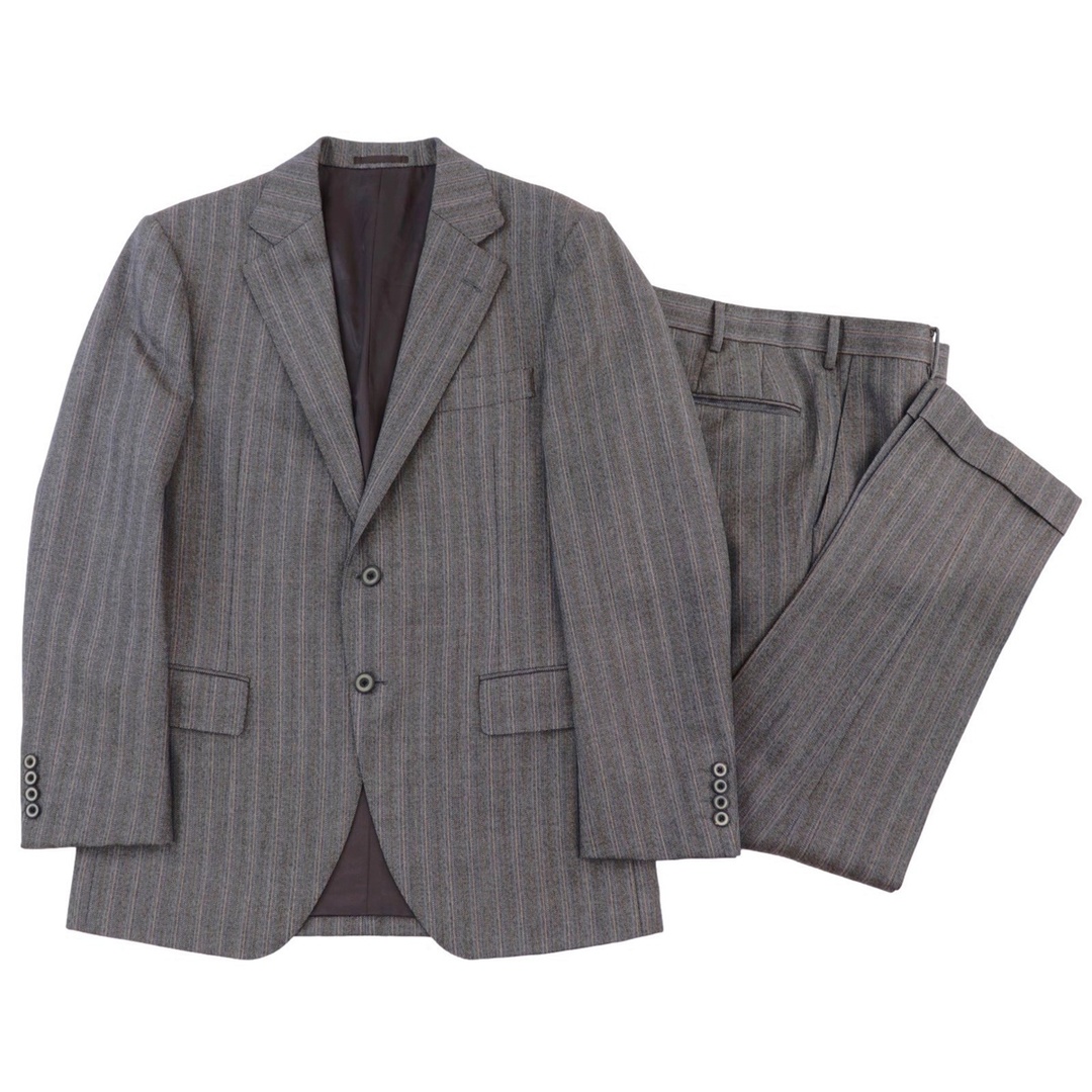 美品 gotairiku ストライプシングルスーツ メンズ 茶/グレー系 5 ウール DORMEUIL RE:SPORTEX 五大陸