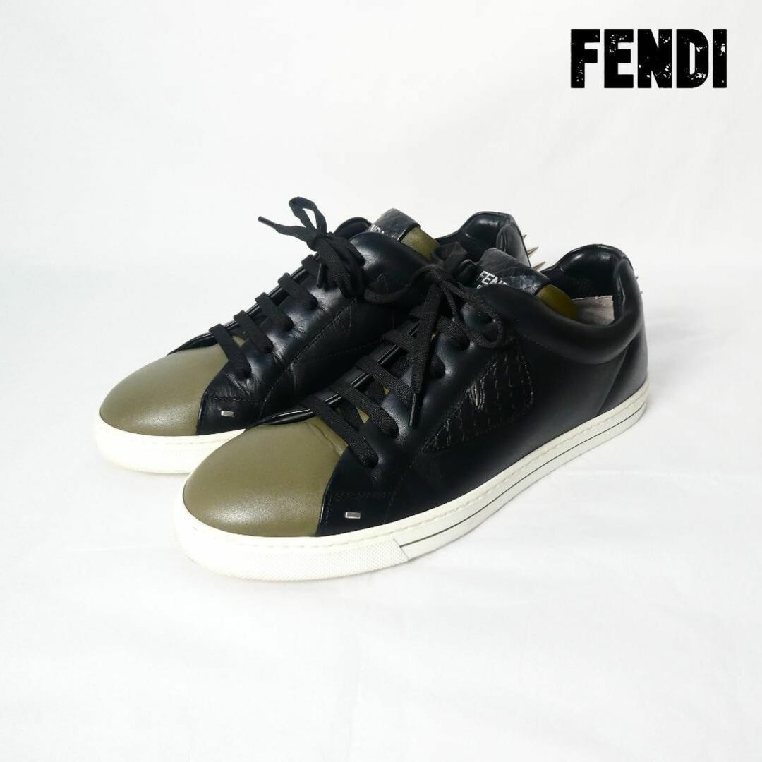 美品 FENDI スパイク レザー バイカラー ローカット スニーカー