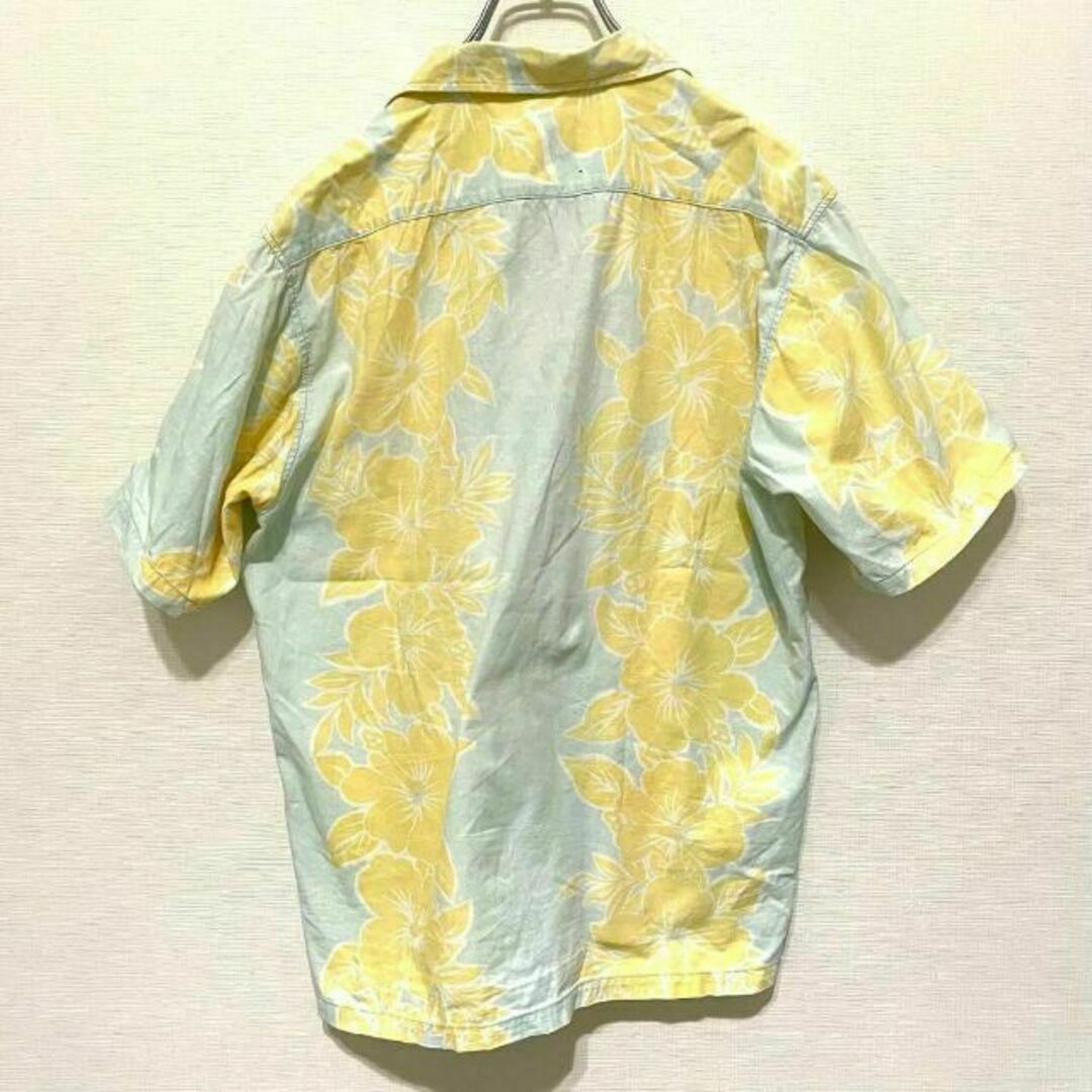 K68 アロハシャツ オープンカラー ミント×黄 ハイビスカス 総柄 Lサイズ メンズのトップス(シャツ)の商品写真