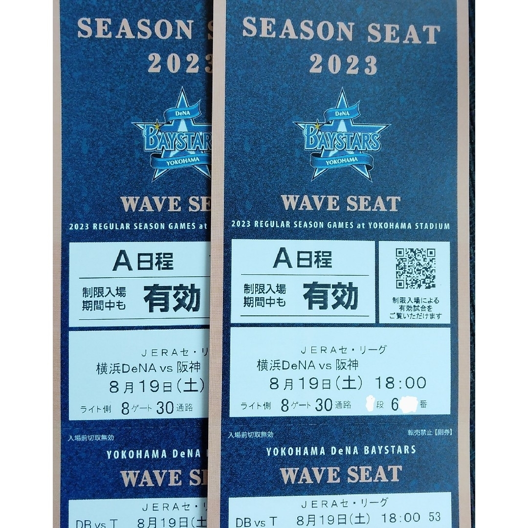 8月19日(土)横浜DeNAベイスターズvs阪神外野通路側含む連番2枚チケット