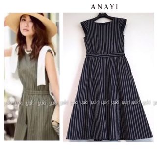 ANAYI ストライプ ギャザー ワンピース ネイビー