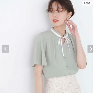 エヌナチュラルビューティーベーシック(N.Natural beauty basic)のバイカラーリボンブラウス グリーン(シャツ/ブラウス(半袖/袖なし))