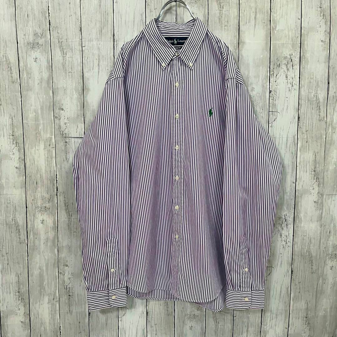 アメリカ　ラルフローレンホース刺繍ロゴ長袖ブロードストライプBDシャツL紫白