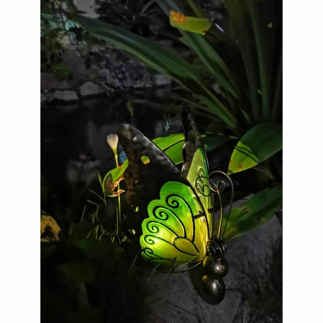 【色: 緑】夢の行 蝶のソーラー工芸ライト（ガラス+鉄）景観灯 チョウライト/花