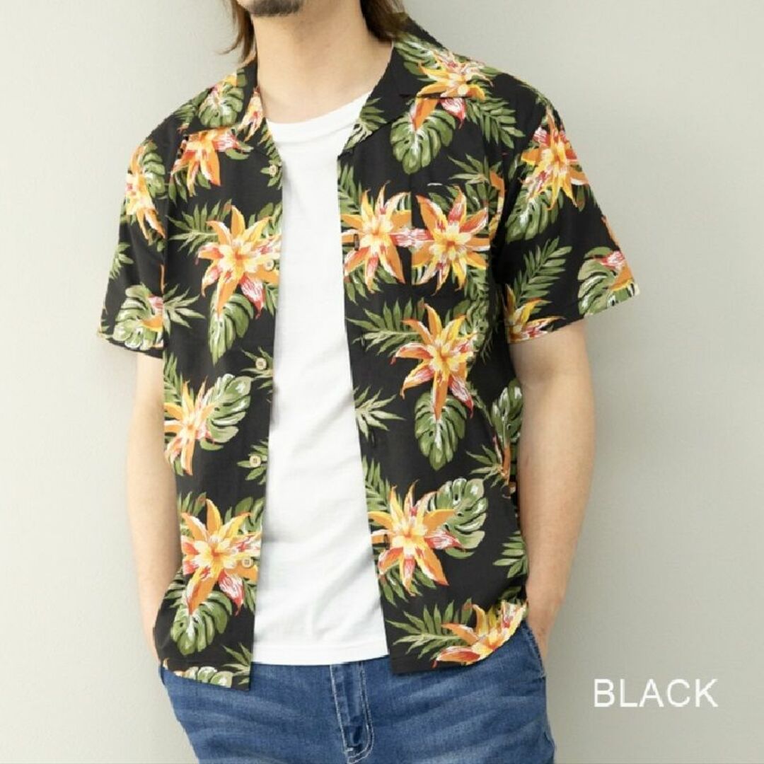 BARCEDOS(バルセドス)の新品　ＬＬ　綿100％　ブラック　アロハシャツ　花・ボタニカル柄 メンズのトップス(シャツ)の商品写真