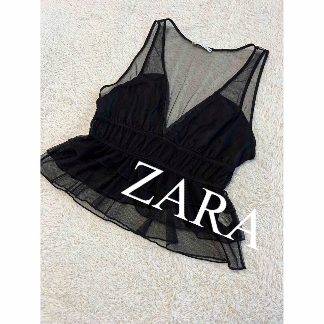ZARA(ザラ)の美品　ZARA ザラ　トップス　ノースリーブ　レース　ブラウス　黒　人気　完売 レディースのトップス(シャツ/ブラウス(半袖/袖なし))の商品写真