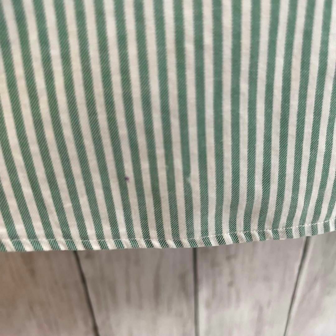 アメリカ　ラルフローレンホース刺繍ロゴ長袖ツイルストライプBDシャツ　L白緑