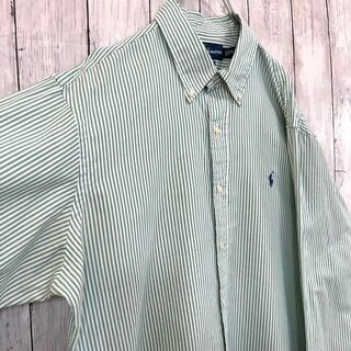 アメリカ古着　ラルフローレンホース刺繍ロゴ長袖ツイルストライプBDシャツ　L白緑