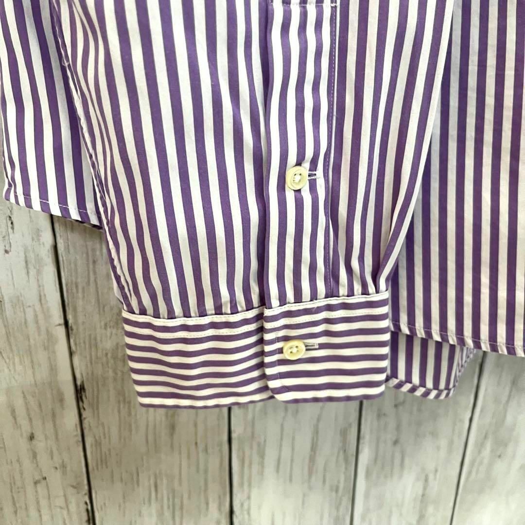 アメリカ　ラルフローレンホース刺繍ロゴ長袖ブロードストライプBDシャツL紫白