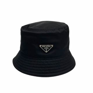 プラダ(PRADA)の極 美品 希少品 PRADA プラダ 三角ロゴ 金具 ナイロン コットン バケットハット 帽子 サイズM メンズ レディース ブラック 黒 06755(ハット)