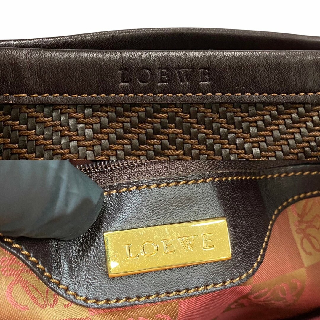 極 美品 希少品 LOEWE ロエベ アナグラム ロゴ 編み込み レザー 本革 ミニ トートバッグ ハンドバッグ ショルダーバッグ ブラウン 45394