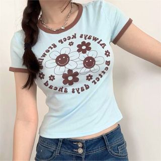 ♡アメリカ購入♡水色 ベビーブルー サックス フラワー クルーネック半袖Tシャツ(Tシャツ(半袖/袖なし))