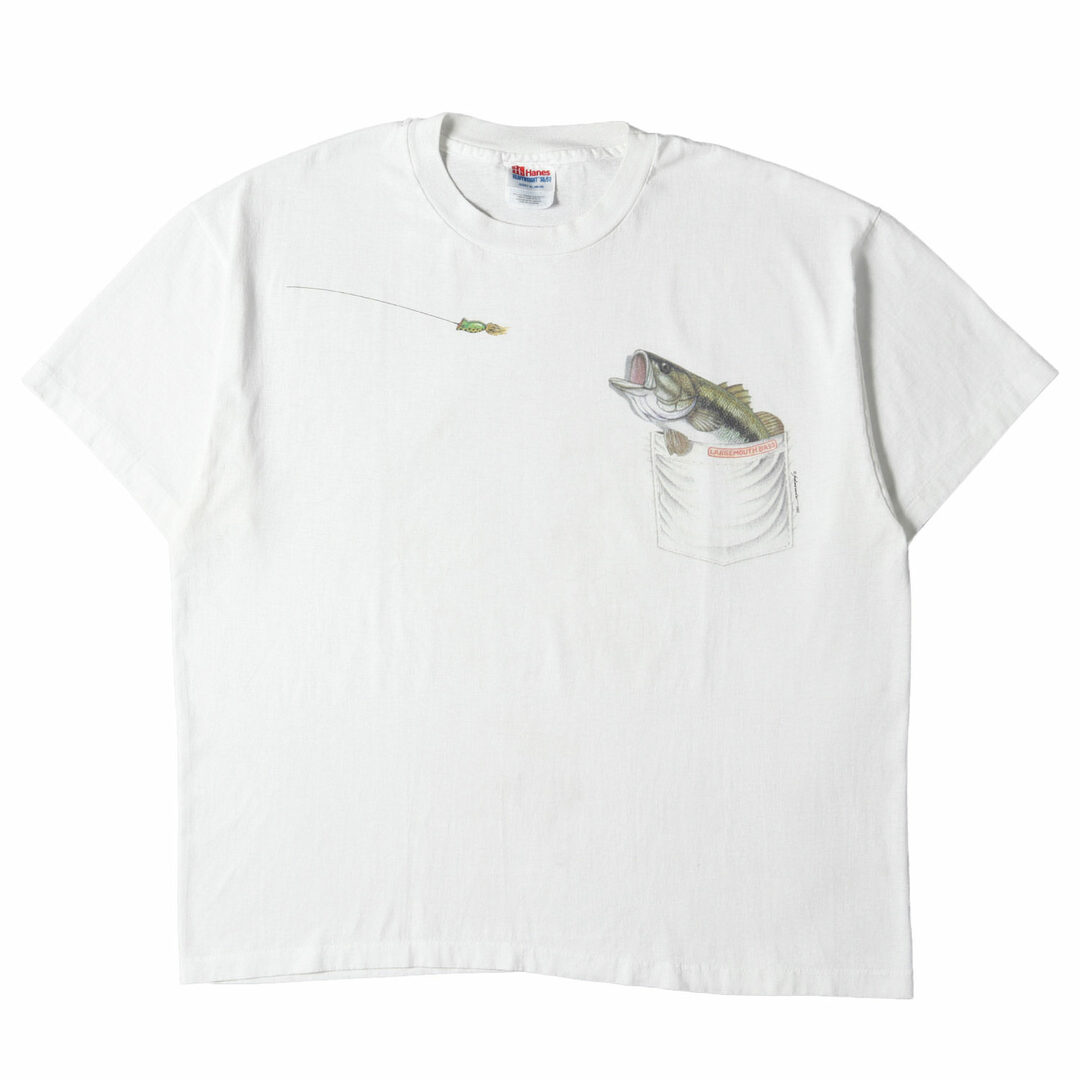 90s ポケット だまし絵 ブラックバス ルアー クルーネック 半袖 Tシャツ 90年代 Hanes ヘインズ 魚 フィッシング ホワイト 白 XL アメカジ トップス カットソー 90s - 00s ヴィンテージ Vintage / Used 【メンズ】