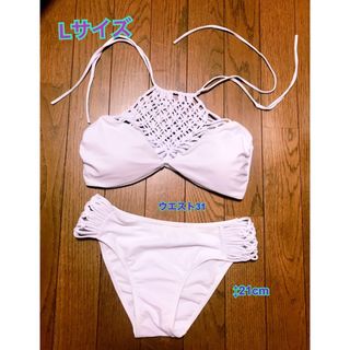 送料無料👙L新品未使用ビキニ白水着パッド付きウエストsexyフォルターネック(水着)