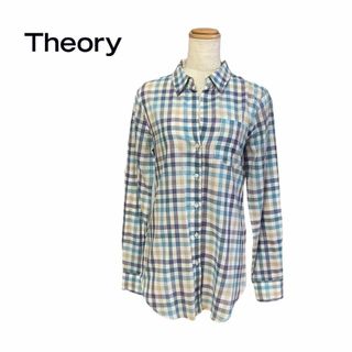 セオリー(theory)の美品　theory セオリー　シャツ　トップス　白　水色　紫　チェック　長袖　2(シャツ/ブラウス(長袖/七分))