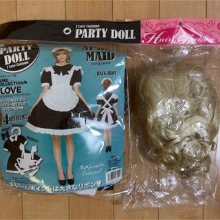 ★ 美品仮装　コスプレ　衣装一式　エプロンメイド　金髪ウィッグ付　パーティグッズ(衣装一式)